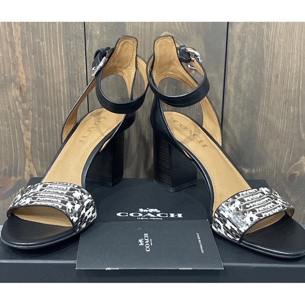 Coach Paige Black White Snake/Mat Calf Leather Block Heel Sandals Women's 8M NEW - Picture 2 of 9